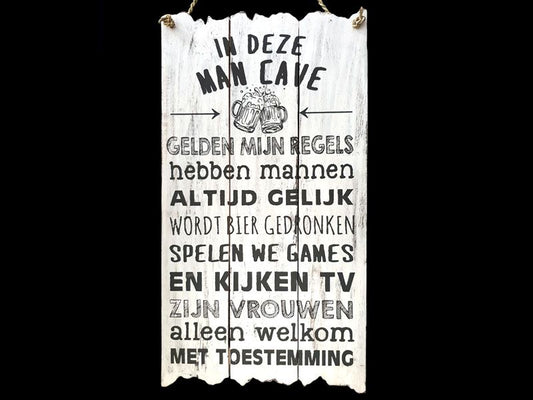 Langwerpig wit bord met de tekst man cave 