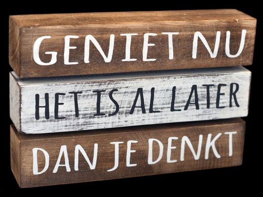 WoodArt tekstblok Geniet nu