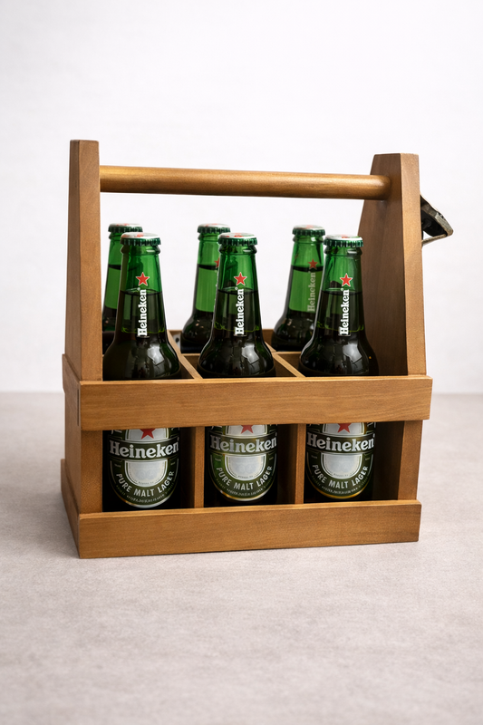 Houten draagtray met metalen opener erop gevuld met 6 flessen Heineken bier 