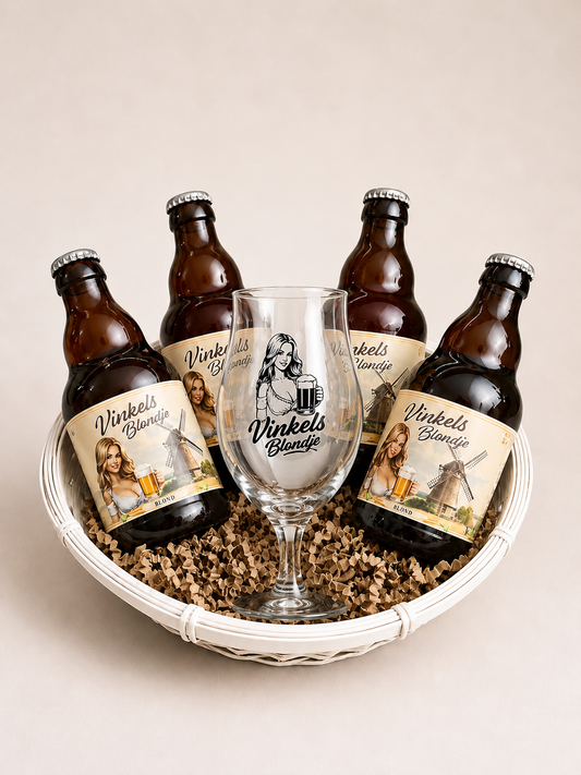 6. Bierpakket Vinkels Blondje 4 flessen & glas | geschenkmand