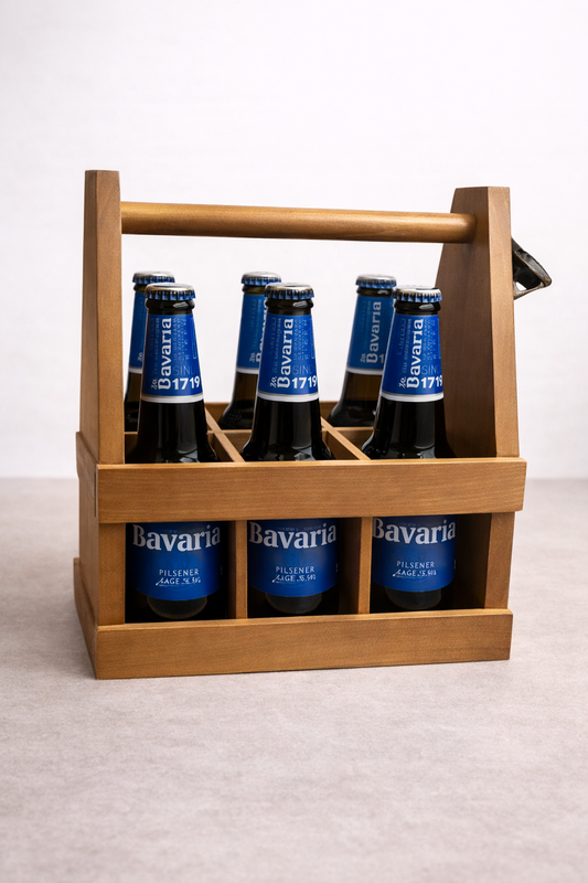 Houten draagtray met een metalen opener erop gevuld met 6 flessen Bavaria bier