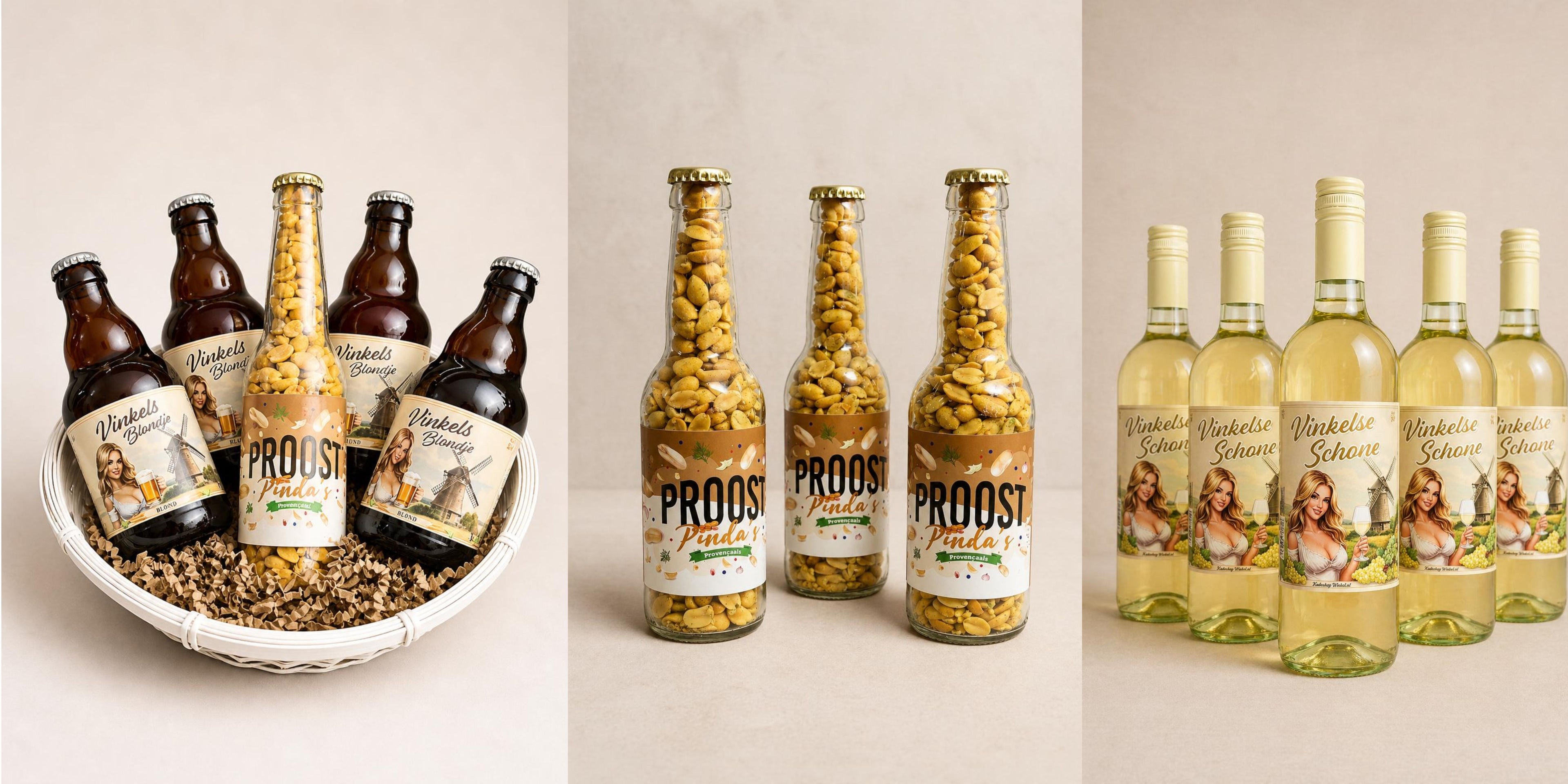 Vinkels bier in een mandje, bierfles gevuld met pinda's, Vinkelse wijn