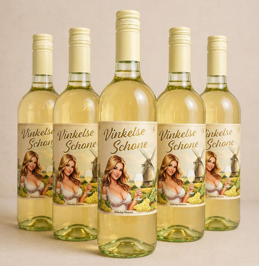 Witte wijn met tekst Vinkelse Schone